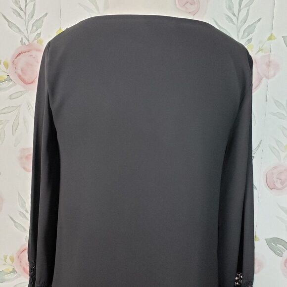 Groovy Black Chiffon Casual Fringe Dress womens S small  V Neck Knee Length - Picture 7 of 8